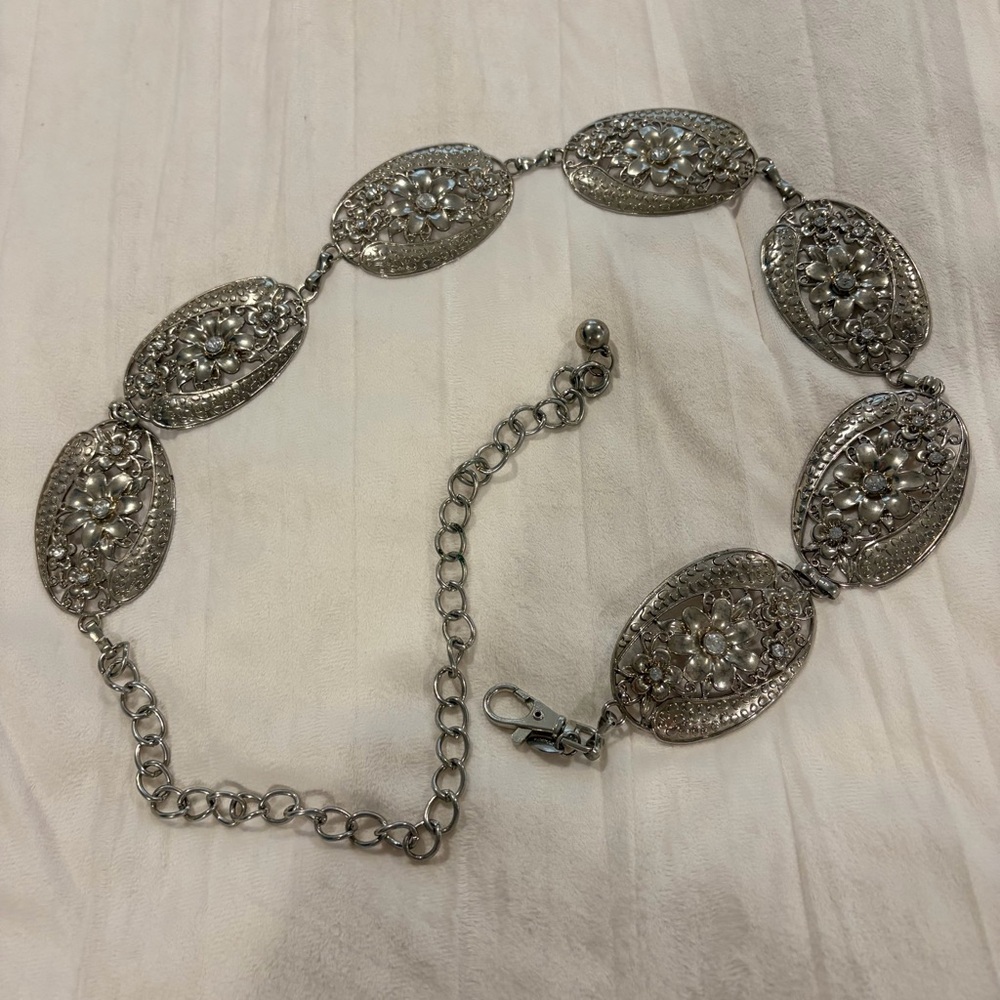 Silver Floral Filigree Link Waist Chain Belt
